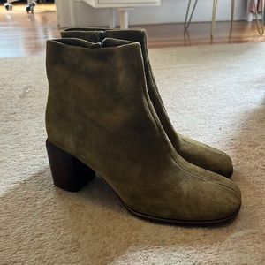 Vince Maggie Bootie Olive Suede Wooden Heel